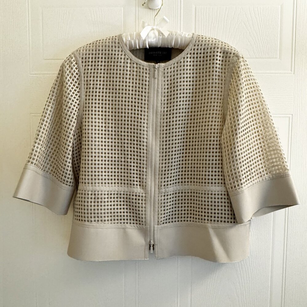 Lafayette 148 Beige Mesh Grid & Faux Leather Evening Jacket,  Size M